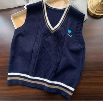 Sieviešu adīta veste ar kontrastām krāsām un V formas kakla izgriezumu, brīvs piegriezums, korejiešu stila pavasarī un rudenī