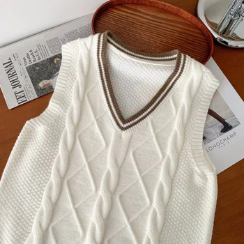 Sieviešu adīta veste ar kontrastām krāsām un V formas kakla izgriezumu, brīvs piegriezums, korejiešu stila pavasarī un rudenī