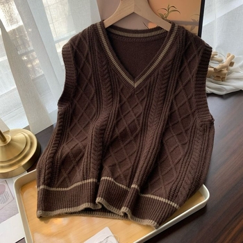 Sieviešu adīta veste ar kontrastām krāsām un V formas kakla izgriezumu, brīvs piegriezums, korejiešu stila pavasarī un rudenī