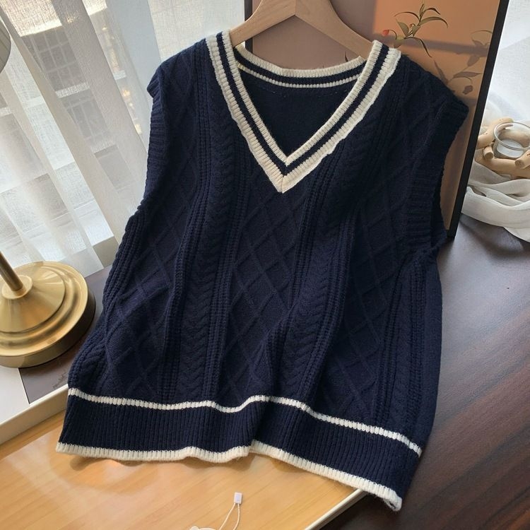 Sieviešu adīta veste ar kontrastām krāsām un V formas kakla izgriezumu, brīvs piegriezums, korejiešu stila pavasarī un rudenī