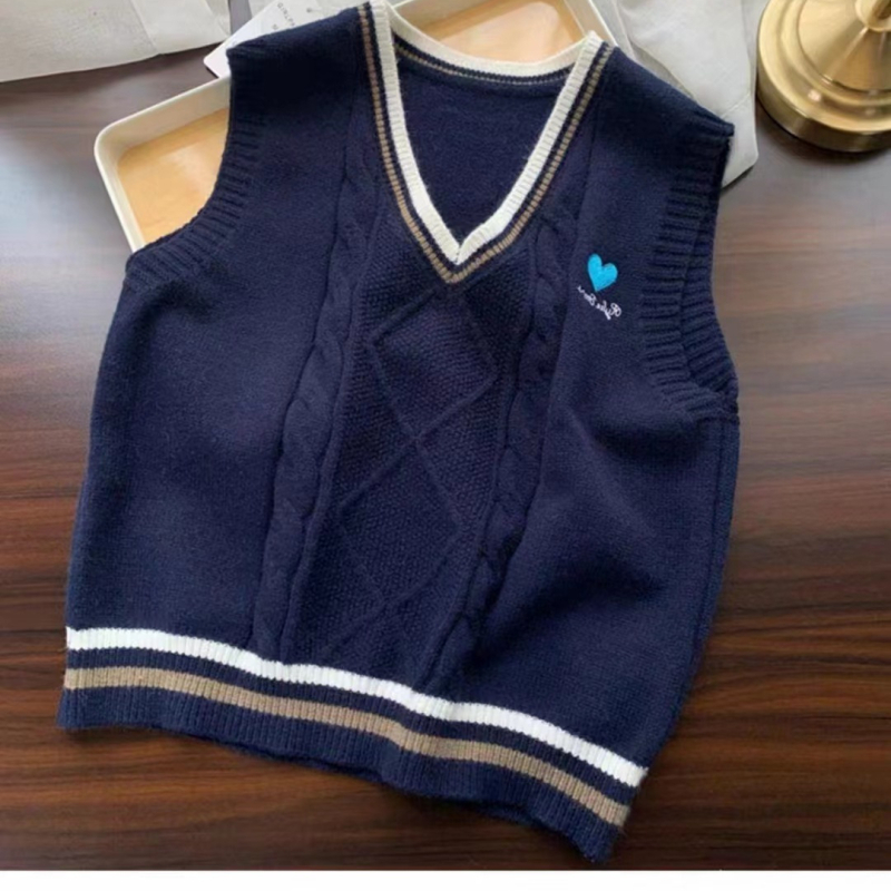 Sieviešu adīta veste ar kontrastām krāsām un V formas kakla izgriezumu, brīvs piegriezums, korejiešu stila pavasarī un rudenī