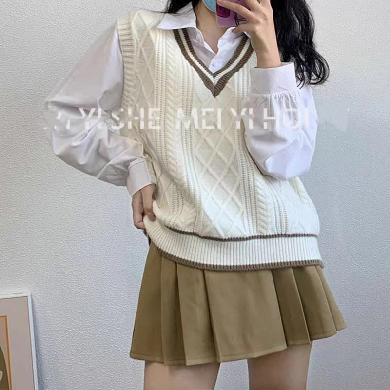 Sieviešu adīta veste ar kontrastām krāsām un V formas kakla izgriezumu, brīvs piegriezums, korejiešu stila pavasarī un rudenī