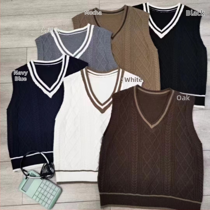 Sieviešu adīta veste ar kontrastām krāsām un V formas kakla izgriezumu, brīvs piegriezums, korejiešu stila pavasarī un rudenī