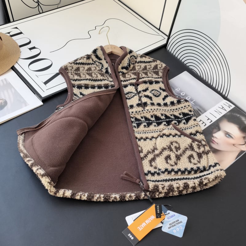 Jakarda divpusējā vilnas fleece veste ar rāvējslēdzēju, augsts apkaklis, režģa raksts, blīvs siltuma slānis