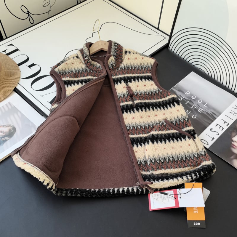 Jakarda divpusējā vilnas fleece veste ar rāvējslēdzēju, augsts apkaklis, režģa raksts, blīvs siltuma slānis