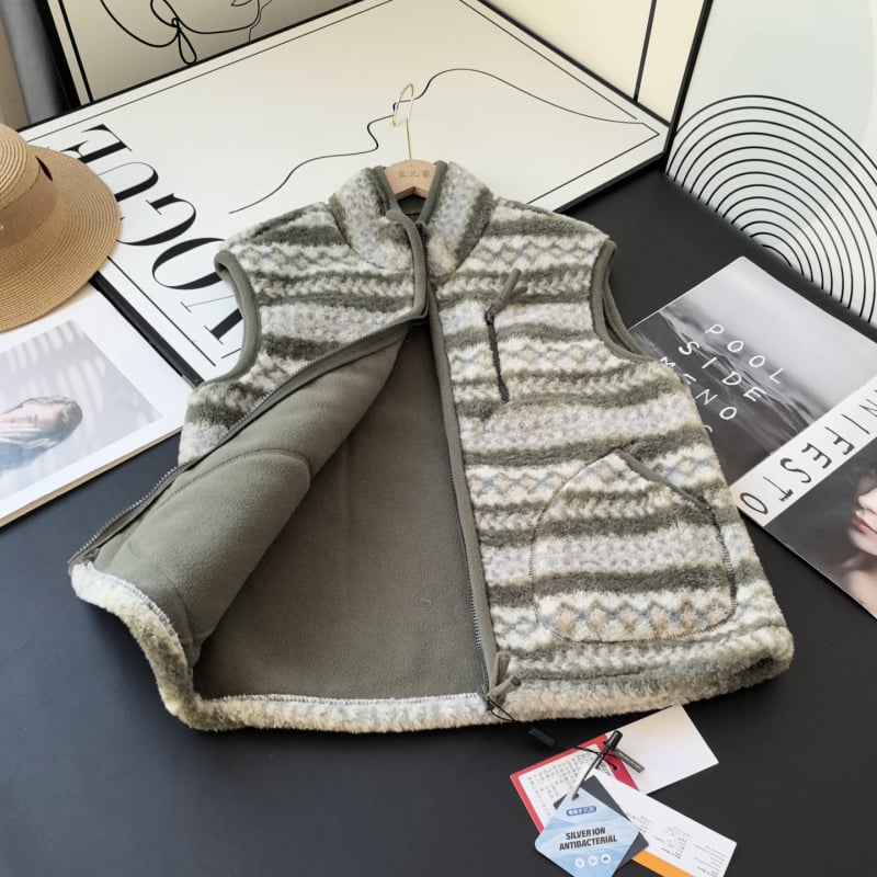 Jakarda divpusējā vilnas fleece veste ar rāvējslēdzēju, augsts apkaklis, režģa raksts, blīvs siltuma slānis