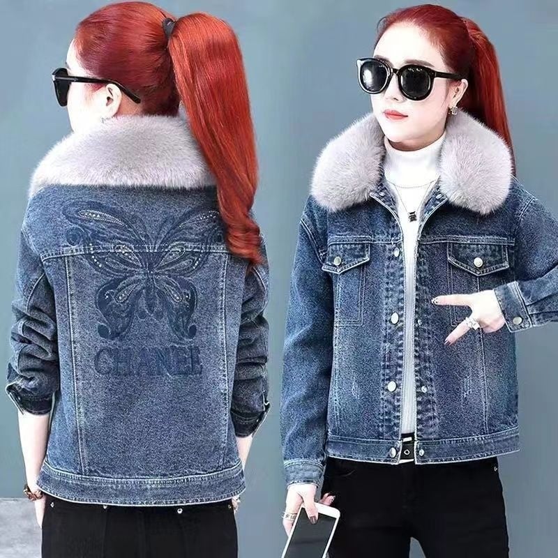 Τζιν γυναικειό μπουφάν με φλις επένδυση, παχυσμένο, με γιακά πόλο, μακριά μανίκια