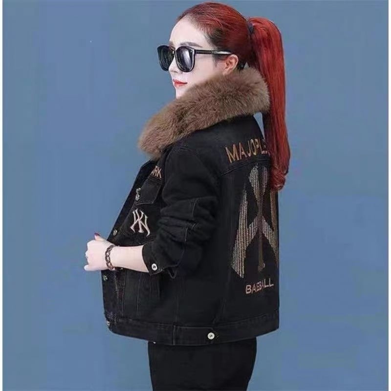 Τζιν γυναικειό μπουφάν με φλις επένδυση, παχυσμένο, με γιακά πόλο, μακριά μανίκια