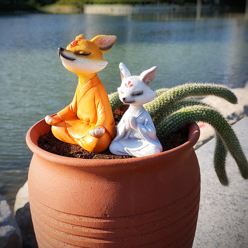 Декоративна лисица-фигура от смола в зен стил, бонсай-декор за градина, балкон и кола