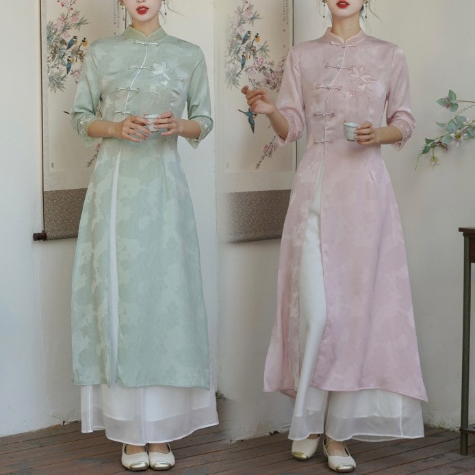 Cheongsam retro haljina s kineskim štihom, izšivena, midi duljine, pamuk-poliester tkanina, elastan 50–70%, proljeće 2025