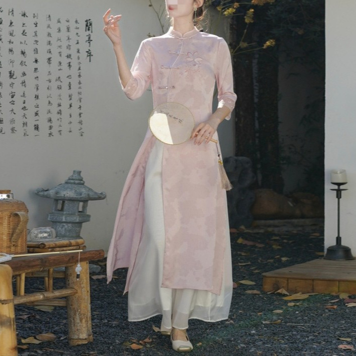 Cheongsam retro haljina s kineskim štihom, izšivena, midi duljine, pamuk-poliester tkanina, elastan 50–70%, proljeće 2025