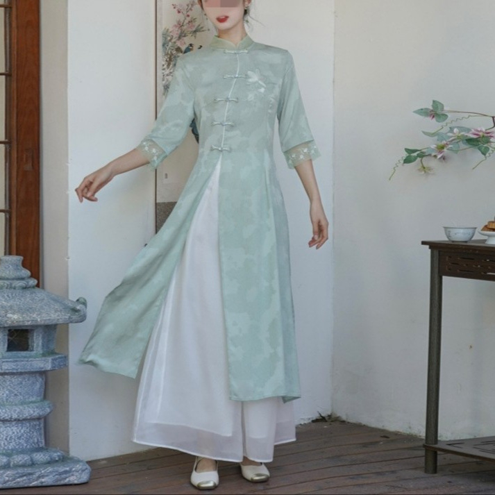 Cheongsam retro haljina s kineskim štihom, izšivena, midi duljine, pamuk-poliester tkanina, elastan 50–70%, proljeće 2025