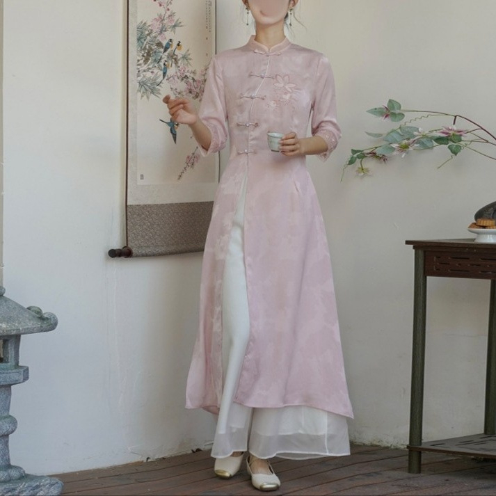 Cheongsam retro haljina s kineskim štihom, izšivena, midi duljine, pamuk-poliester tkanina, elastan 50–70%, proljeće 2025