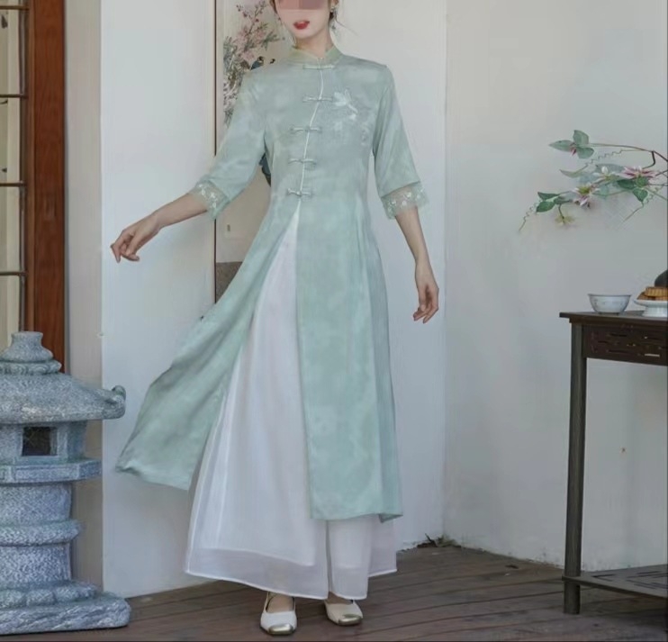 Cheongsam retro haljina s kineskim štihom, izšivena, midi duljine, pamuk-poliester tkanina, elastan 50–70%, proljeće 2025