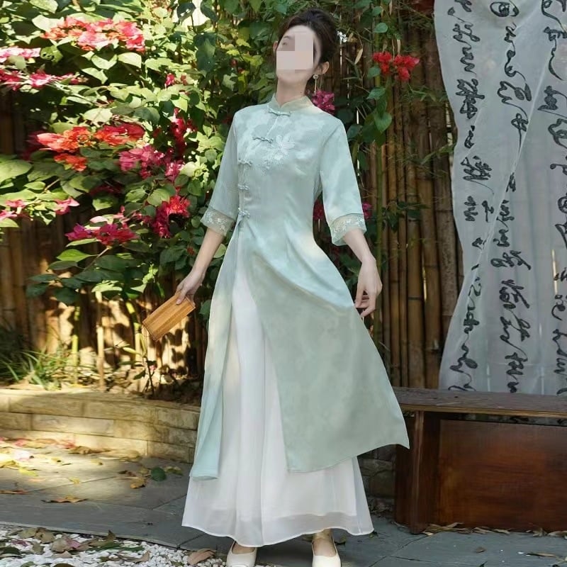 Cheongsam retro haljina s kineskim štihom, izšivena, midi duljine, pamuk-poliester tkanina, elastan 50–70%, proljeće 2025