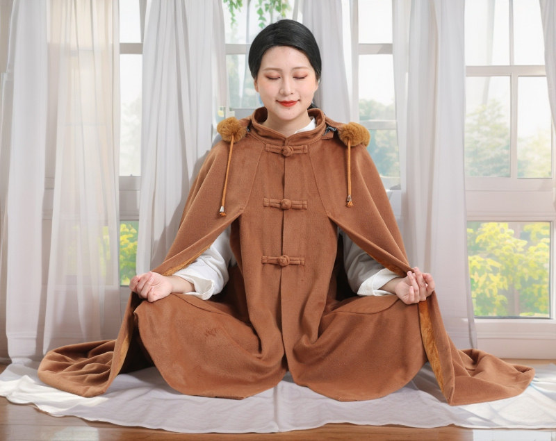 Zen meditativni ogrtač s dvostrukim plišem, tkanina od umjetne vune, poliester 90–95%, jesen 2024