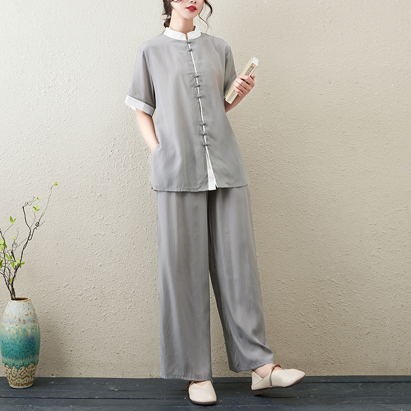 Ženski Tai Chi dvodjelni set: kratkih rukava vrh i hlače, retro umjetnički stil, Zen inspiracija, pamuk-len mješavina (30–50% pamuk, 30–50% len), ljeto 2023