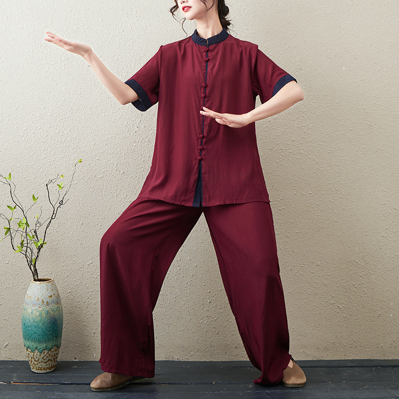 Ženski Tai Chi dvodjelni set: kratkih rukava vrh i hlače, retro umjetnički stil, Zen inspiracija, pamuk-len mješavina (30–50% pamuk, 30–50% len), ljeto 2023