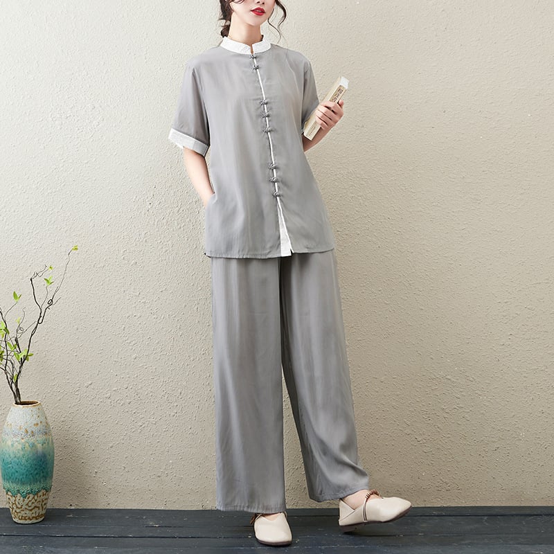 Ženski Tai Chi dvodjelni set: kratkih rukava vrh i hlače, retro umjetnički stil, Zen inspiracija, pamuk-len mješavina (30–50% pamuk, 30–50% len), ljeto 2023