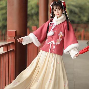 Ming stil Hanfu, kineski stil ženski komplet za jesen-zimu, bez ovratnika, pola rukava, tekuća vila suknja