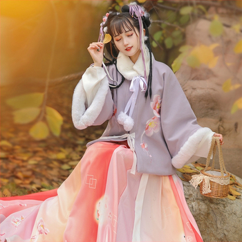 Ming stil Hanfu, kineski stil ženski komplet za jesen-zimu, bez ovratnika, pola rukava, tekuća vila suknja