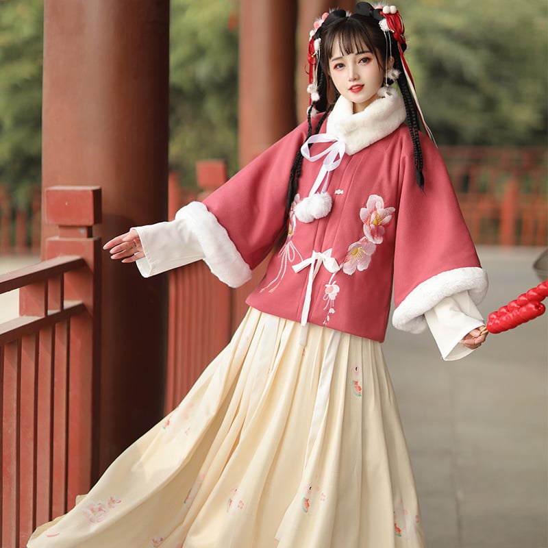 Ming stil Hanfu, kineski stil ženski komplet za jesen-zimu, bez ovratnika, pola rukava, tekuća vila suknja