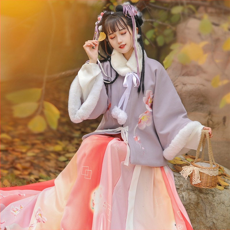Ming stil Hanfu, kineski stil ženski komplet za jesen-zimu, bez ovratnika, pola rukava, tekuća vila suknja