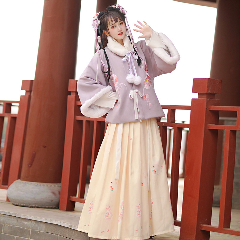 Ming stil Hanfu, kineski stil ženski komplet za jesen-zimu, bez ovratnika, pola rukava, tekuća vila suknja