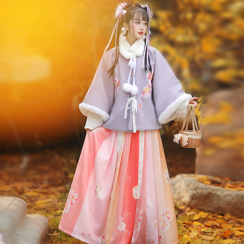 Ming stil Hanfu, kineski stil ženski komplet za jesen-zimu, bez ovratnika, pola rukava, tekuća vila suknja