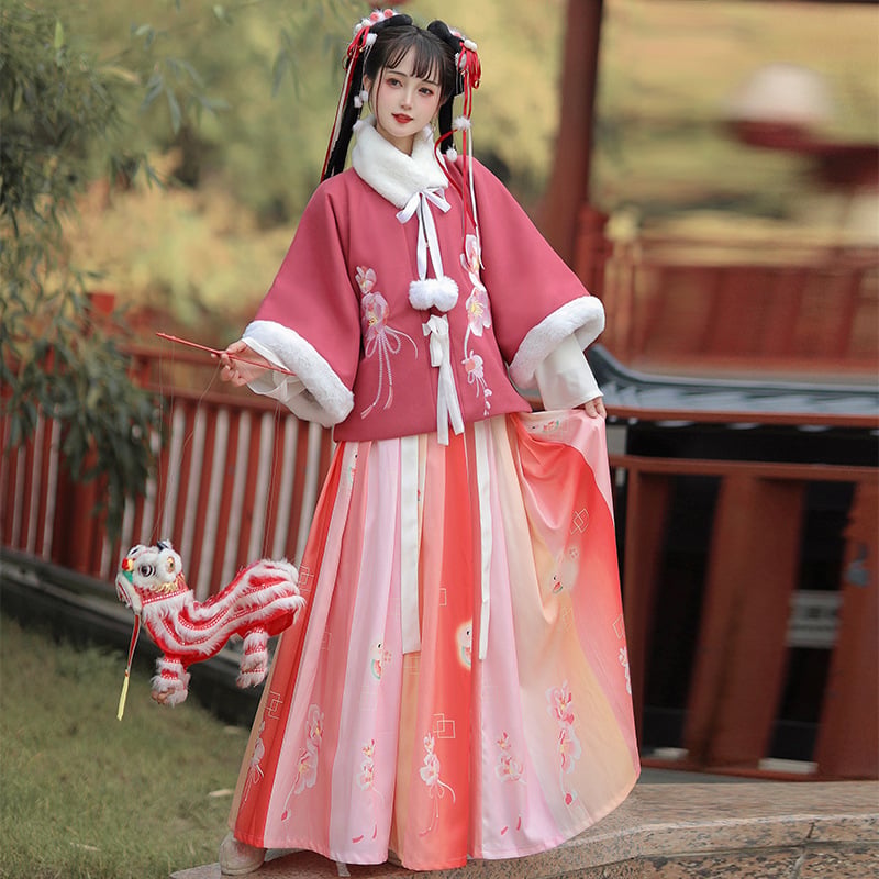 Ming stil Hanfu, kineski stil ženski komplet za jesen-zimu, bez ovratnika, pola rukava, tekuća vila suknja