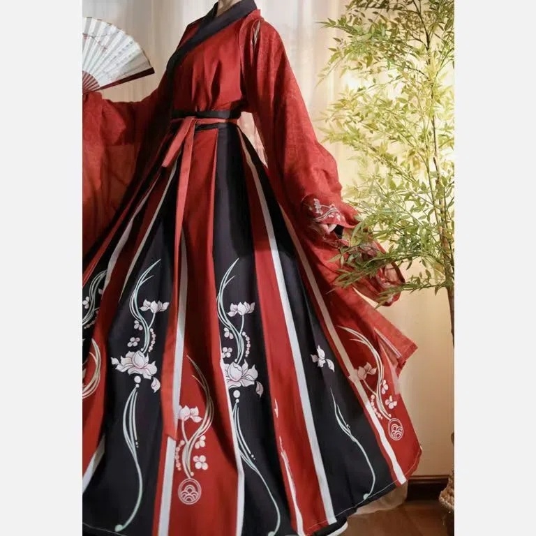 Hanfu u Wei Jin stilu s preklopnim ovratnikom i širokim rukavima – pulover, poliester tkanina, tiskani uzorak, za žene