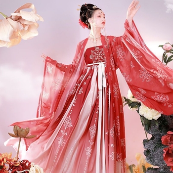 Set Hanfu: top cu mâneci largi și fustă cu broderie în stil Tang, Batik, fibră de etilenă cu elastan 70–80%, vară 2023