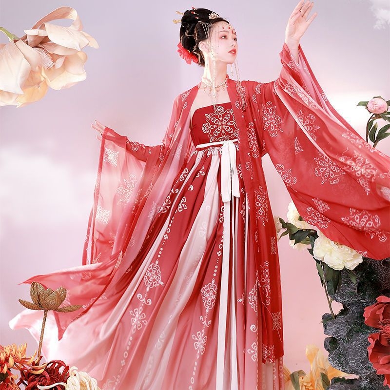 Set Hanfu: top cu mâneci largi și fustă cu broderie în stil Tang, Batik, fibră de etilenă cu elastan 70–80%, vară 2023