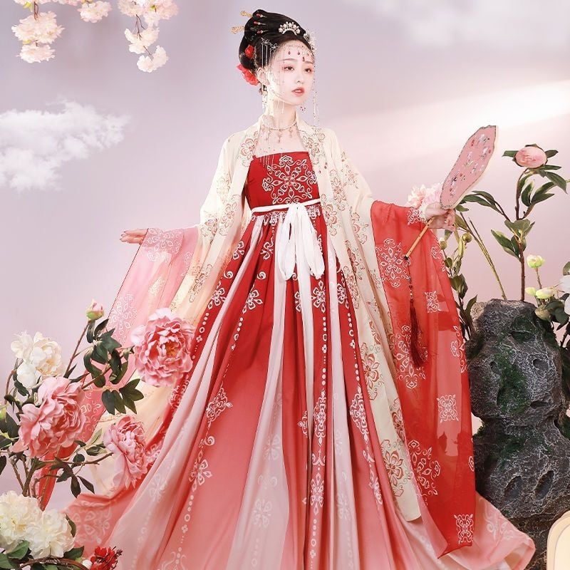 Set Hanfu: top cu mâneci largi și fustă cu broderie în stil Tang, Batik, fibră de etilenă cu elastan 70–80%, vară 2023