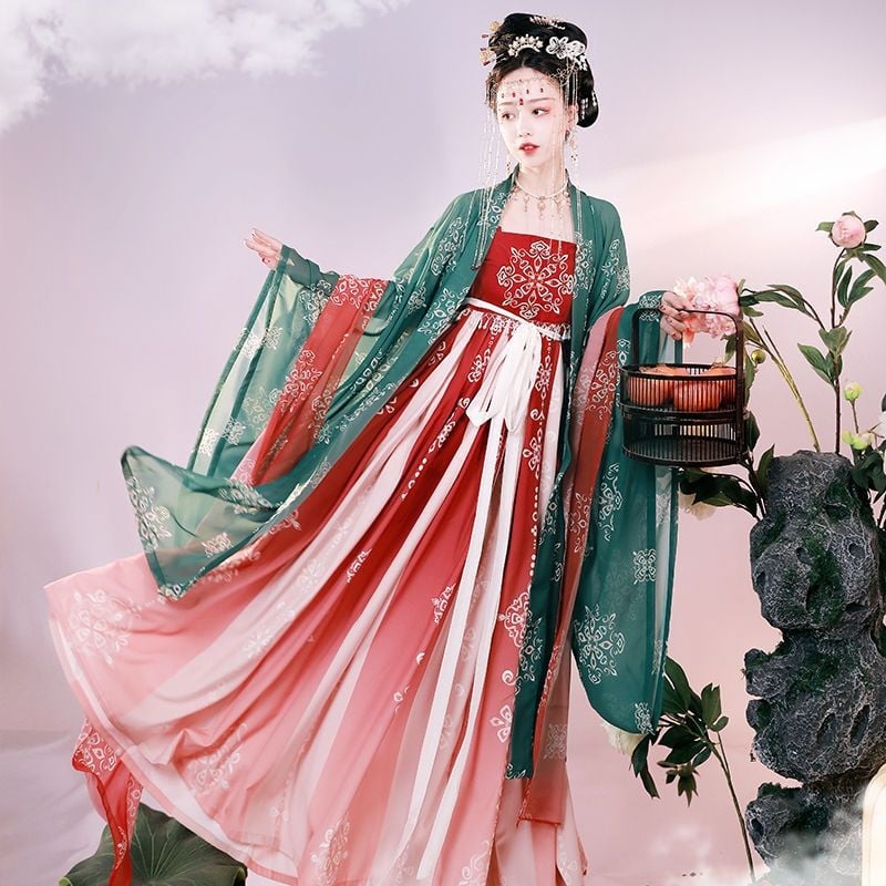 Set Hanfu: top cu mâneci largi și fustă cu broderie în stil Tang, Batik, fibră de etilenă cu elastan 70–80%, vară 2023