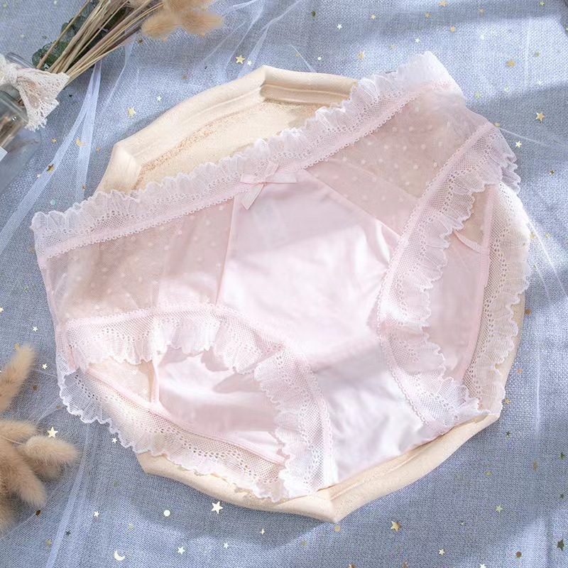 Ženske čipkaste gaćice sa srednjim strukom, prozračne, antibakterijske, Ice Silk tkanina, pamučna podstava