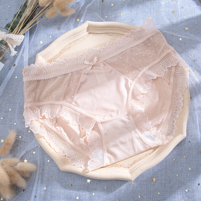 Ženske čipkaste gaćice sa srednjim strukom, prozračne, antibakterijske, Ice Silk tkanina, pamučna podstava