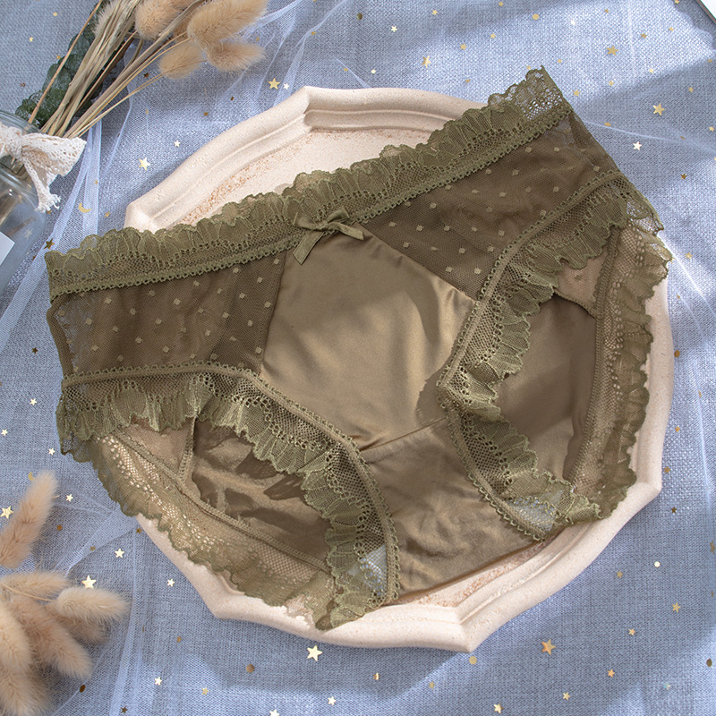 Ženske čipkaste gaćice sa srednjim strukom, prozračne, antibakterijske, Ice Silk tkanina, pamučna podstava