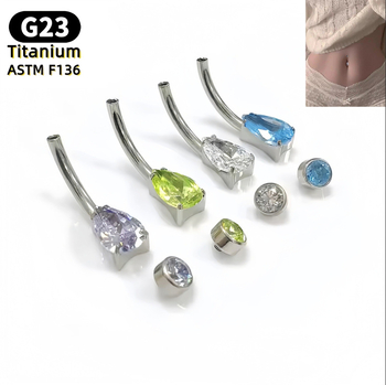 Nabelio žiedas – kriaušės formos lašas, 5A kubinis cirkonis, G23 titanas (ASTM F136), poliruotas