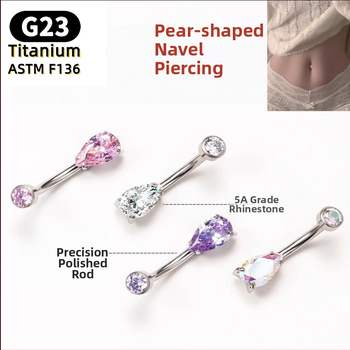 Nabelio žiedas – kriaušės formos lašas, 5A kubinis cirkonis, G23 titanas (ASTM F136), poliruotas