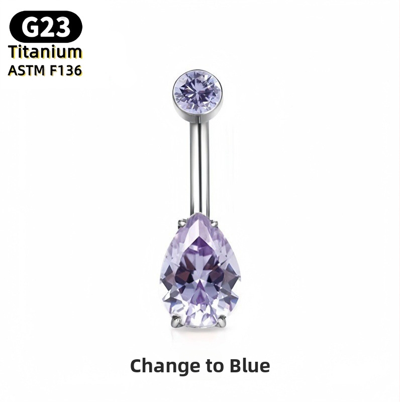 Nabelio žiedas – kriaušės formos lašas, 5A kubinis cirkonis, G23 titanas (ASTM F136), poliruotas