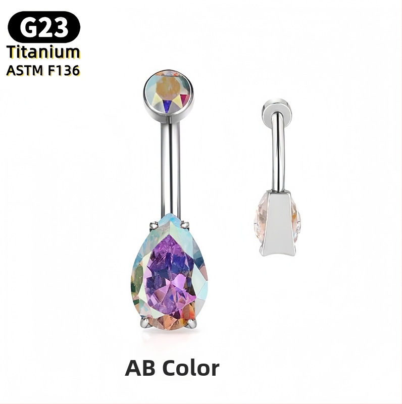 Nabelio žiedas – kriaušės formos lašas, 5A kubinis cirkonis, G23 titanas (ASTM F136), poliruotas