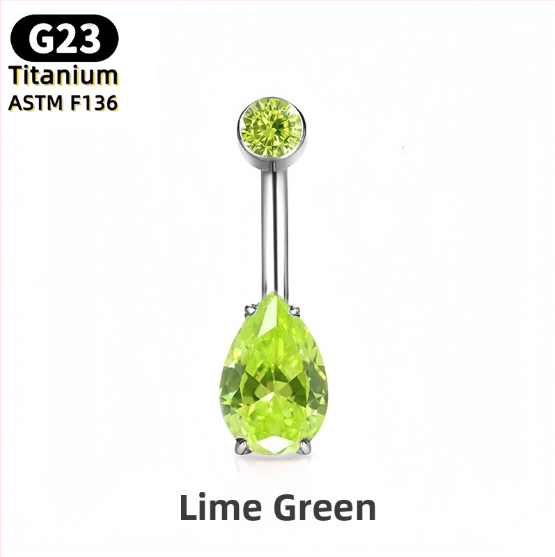 Nabelio žiedas – kriaušės formos lašas, 5A kubinis cirkonis, G23 titanas (ASTM F136), poliruotas