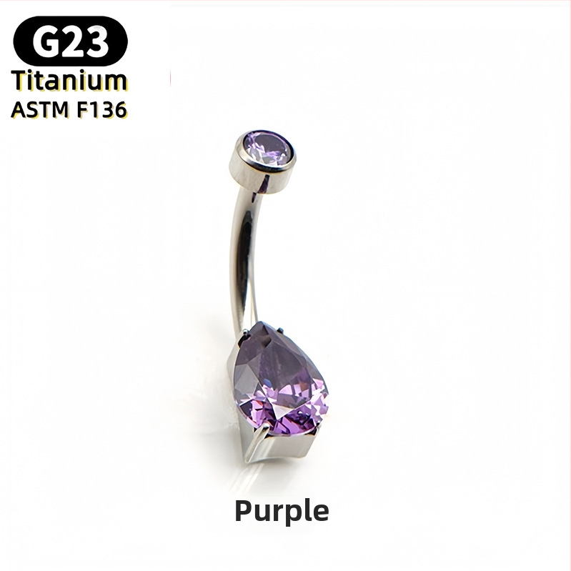 Nabelio žiedas – kriaušės formos lašas, 5A kubinis cirkonis, G23 titanas (ASTM F136), poliruotas