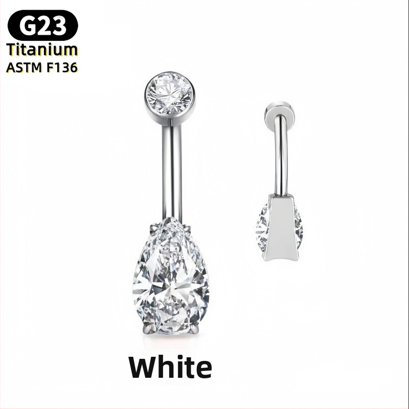 Nabelio žiedas – kriaušės formos lašas, 5A kubinis cirkonis, G23 titanas (ASTM F136), poliruotas