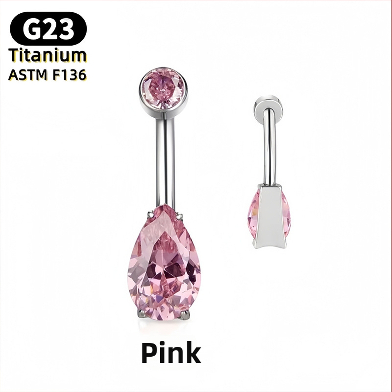 Nabelio žiedas – kriaušės formos lašas, 5A kubinis cirkonis, G23 titanas (ASTM F136), poliruotas