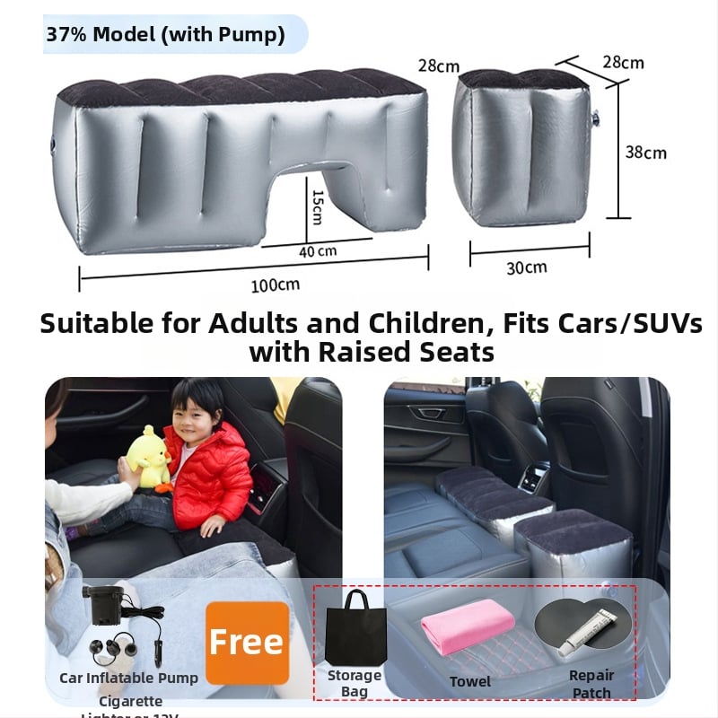 Automobiļa aizmugures sēdekļa piepūšamā gulta ceļojumiem - ātra piepumpēšana, universāla saderība, PVC ar flokētu audumu, maksimālais slodze 150 kg