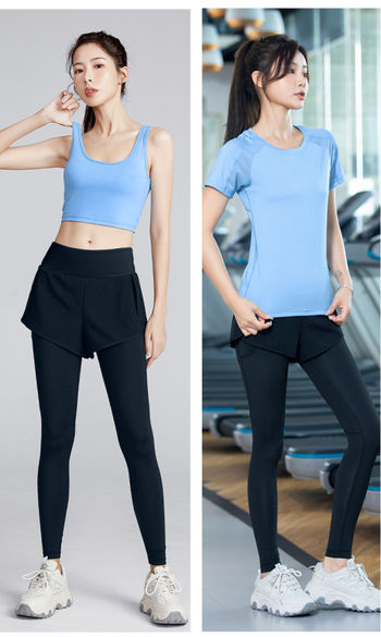 Trojkomponentni ženski set za jogu i sport, proljeće-ljeto, brzo suši, uski kroj, top s kratkim rukavima uz šorceve i sportski grudnjak; tkanina chenille-spandex (<30%).