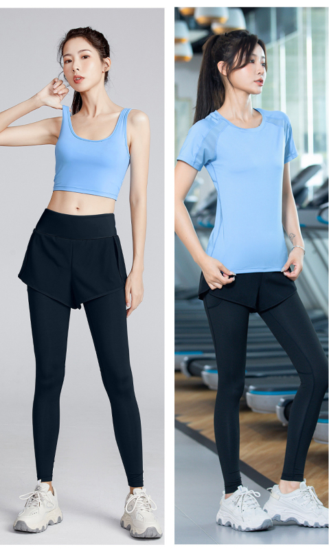 Trojkomponentni ženski set za jogu i sport, proljeće-ljeto, brzo suši, uski kroj, top s kratkim rukavima uz šorceve i sportski grudnjak; tkanina chenille-spandex (<30%).
