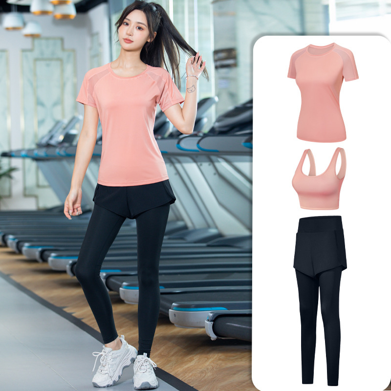 Trojkomponentni ženski set za jogu i sport, proljeće-ljeto, brzo suši, uski kroj, top s kratkim rukavima uz šorceve i sportski grudnjak; tkanina chenille-spandex (<30%).